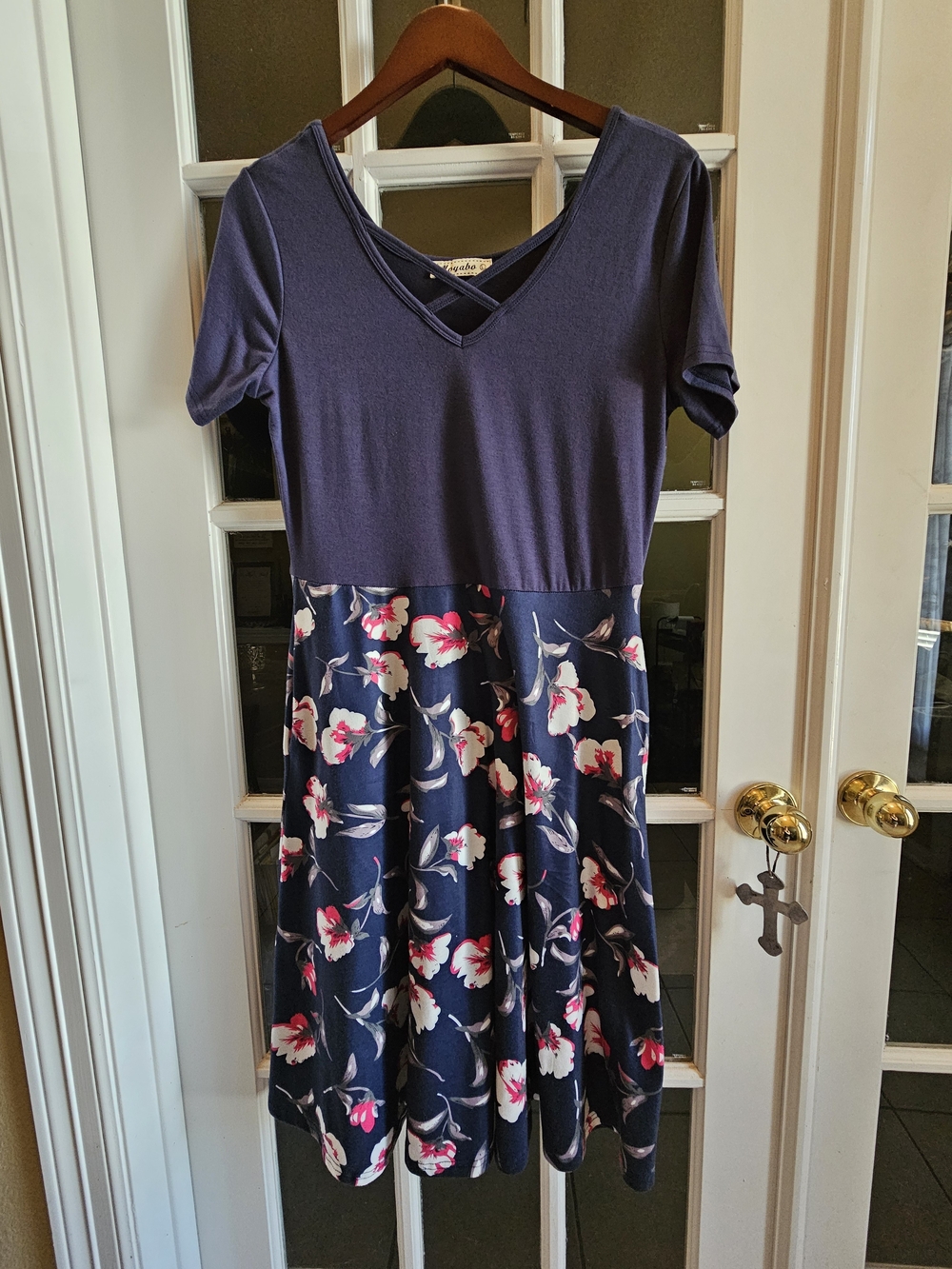 Women's Navy Floral Fit & Flare Dress with Crisscross V-Neck